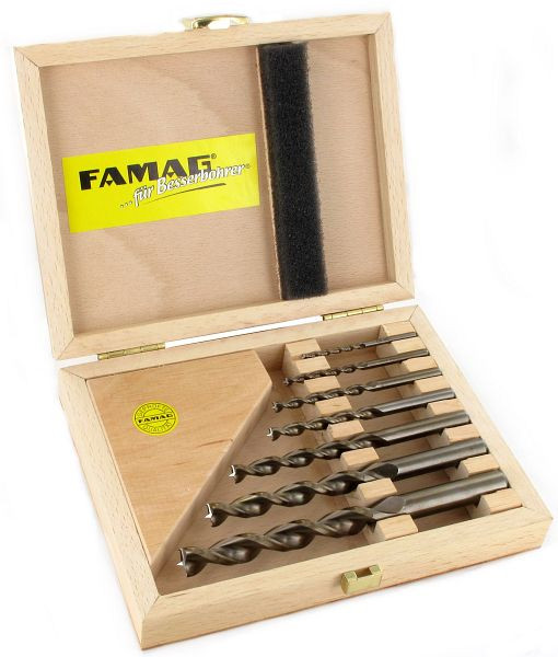 Famag houtboor HSS-G, in een houten kist, executie: 7 stuks in een houten doos Ø 3, 4, 5, 6, 8, 10, 12 mm, 1594.507.00