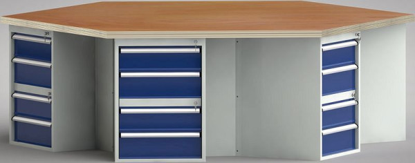 KLW standaard werkbank in zeshoekige vorm met massief beuken parketplank in zeshoekige vorm 2338 x 2700 x 40 mm L x B x S, WS620N-1350M40-E9002