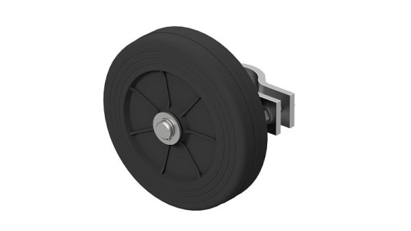 Schake rubberrol Ø150mm, zwart, kunststof velg, glijlager inclusief bevestigingsvoorziening voor buisdiameter 40-45mm, 3R117