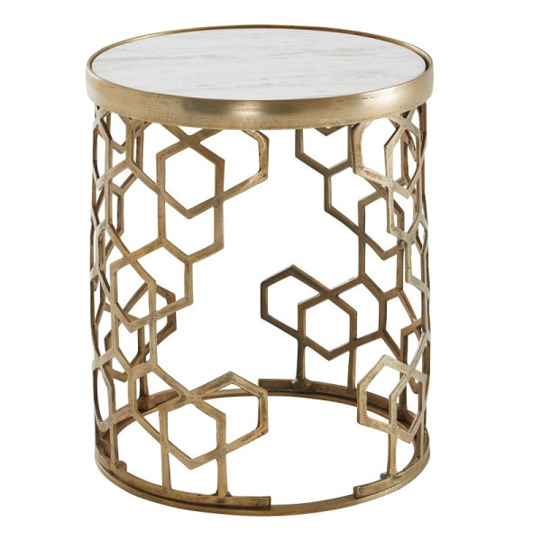 Wohnling bijzettafel echt marmer wit 46 x 46 x 55 cm bijzettafel metaal goud, kleine ronde salontafel, woonkamertafel bank modern, WL6.629