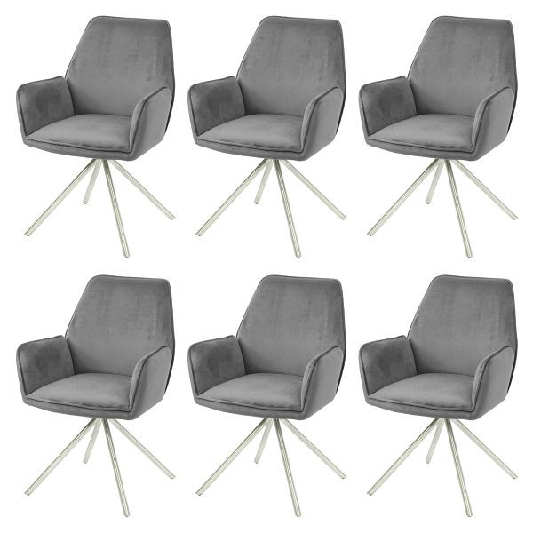 Mendler Set van 6 eetkamerstoelen HWC-G67, keukenstoel armleuning, draaibare auto-position, fluweel, donkergrijs, roestvrij staal, 6x82978