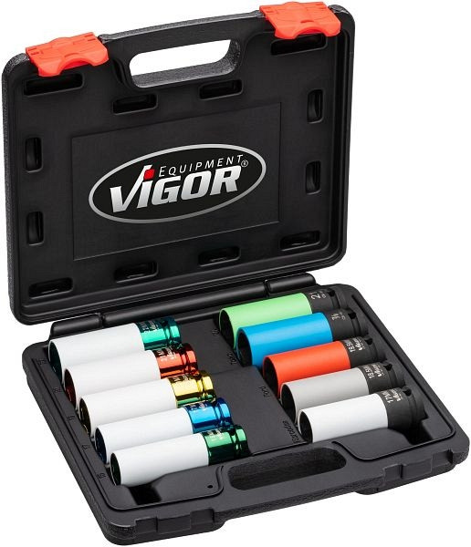 VIGOR Schlagschrauber Steckschlüsseleinsatz Satz, Vierkant 12,5 mm (1/2 Zoll), Außen Sechskant Profil, Hybrid Sonderprofil, Anzahl Werkzeuge: 10, V6312/10