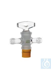 Rettberg doorlopende kraan, massief glazen stop NS 18,8/4 mm, aansluitingen schroefdraad GL 14, borosilicaatglas 3.3, 107000337