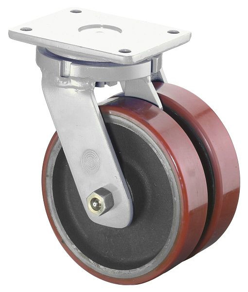BS rollen zware dubbele rol, breedte 2x50 mm, Ø200 mm, tot 2000 kg, loopvlak gegoten polyurethaan 95 Shore A, gietijzer, kogellagers, S100.C10.200