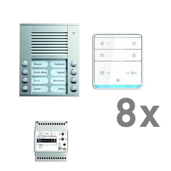 TCS deurbediening audio: pack AP voor 8 wooneenheden, met buitenpost PES 8 belknoppen, 8x handsfree luidspreker ISW5010, bedieningseenheid BVS20, PAAF082 / 003
