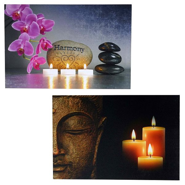 Mendler set van 2 LED-afbeelding, verlichte afbeelding, wandafbeelding, 40 x 60 cm, timer, Boeddha + flikkering, 36627