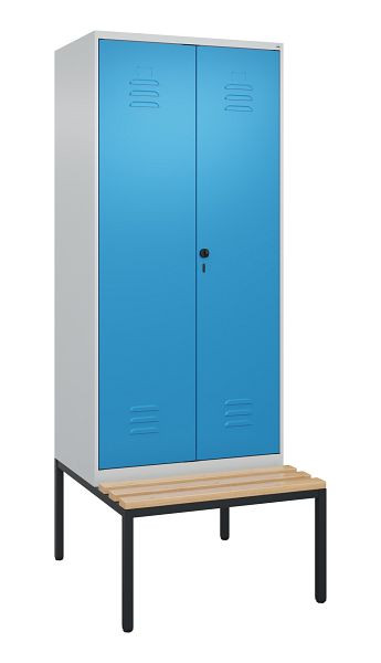 C+P luierkastje Classic PLUS, 2 vakken, 2120x800x815mm, 7035/5012, draaigrendel, met onderbank, beukenhouten zitlatten, 0800527-22P S10004