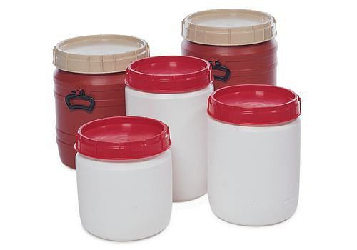 DENIOS Superweithalsfass SWH 26, aus Polyethylen (PE), 26 Liter Volumen, weiß-rot, 129129