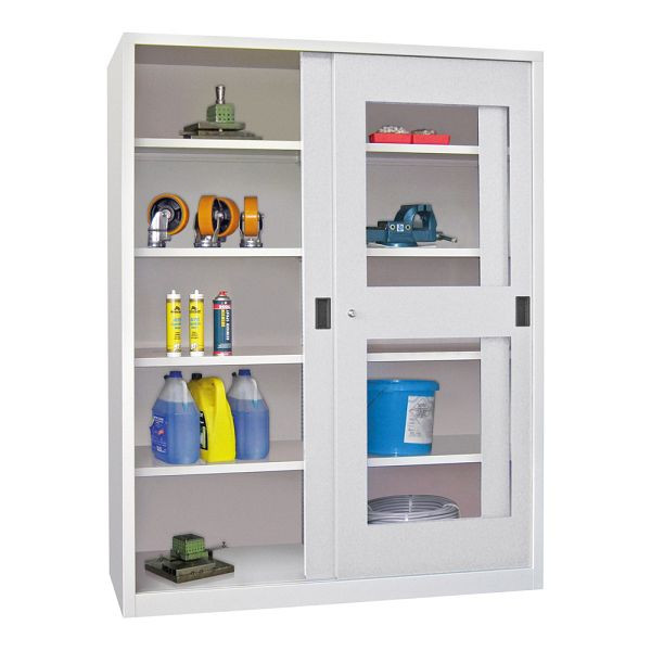 Pavoy Schwerlastschiebetürschrank 1950/1500/600, Mitteltrennwand, 8 gepulverte Fachböden; Sichtfenstertüren; Drehdruckzylinderschloss, 30332-150-691-910