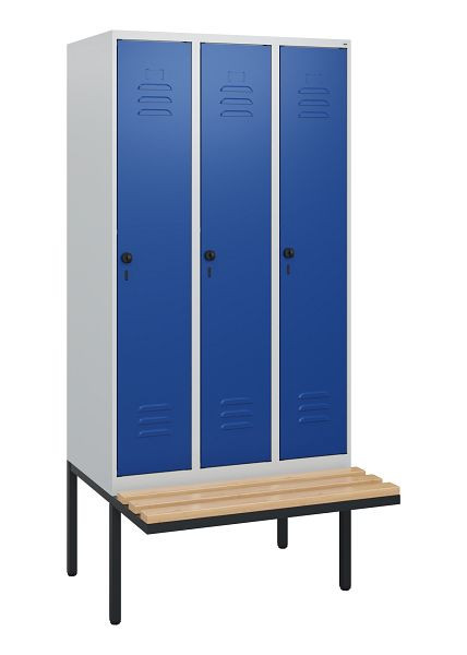 C+P Umkleidespind Classic PLUS, 3 Abteile, 1950x900x815mm, 7035/5010, Drehriegel, Buche-Sitzleisten, 0800405-30 S10003