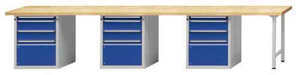 ANKE combinatie werkbank; 3 werkplekken; 4050x700mm; 3x onderkast 660x615 mm, 4 laden 60, 150, 150, 360 mm