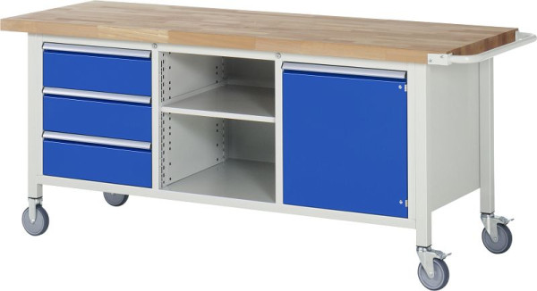 RAU verrijdbare werkbank serie 8000, drievoudige bodemcontainer (3x lade, 1x draaideur), 2000x880x700 mm, 05-8563A2-207B4S.11