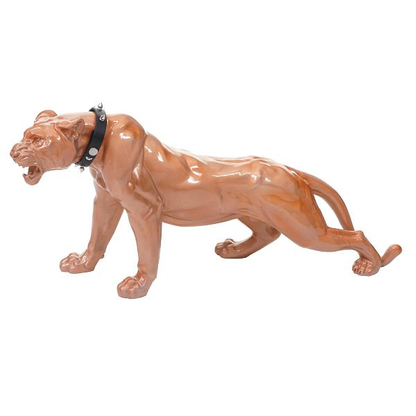 Mendler Deco figuur luipaard 59cm, polyresin sculptuur panter, binnen/buiten, antiek hoogglans met kraag, 57016