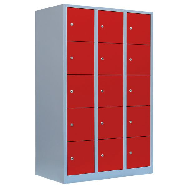 Lüllmann lockerkast, 3 compartimenten, 15 compartimenten, 1800 x 1185 x 500 mm, lichtgrijs/vuurrood, 523534