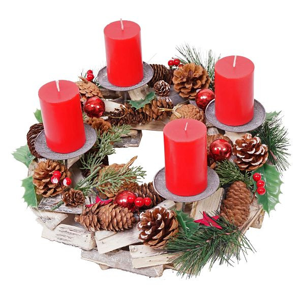 Mendler adventskrans HWC-H49, kerstversiering adventsarrangement kerstarrangement, hout rond Ø 33cm, incl. 4x rode kaarsen, 73493