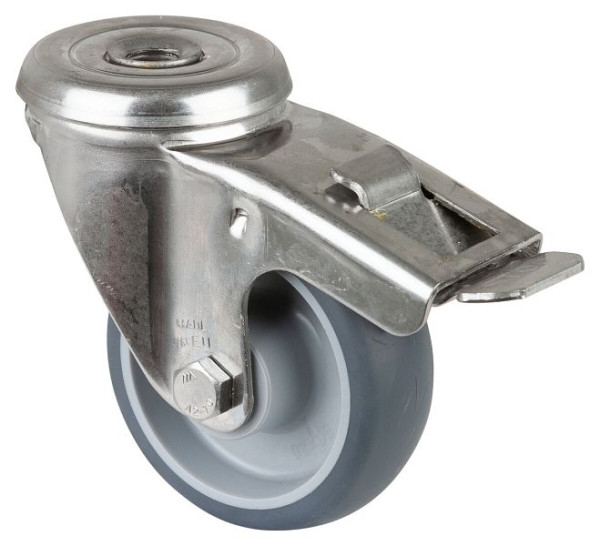 BS rollen RVS transportrol met rem, B30 mm, Ø80 mm, tot 60 kg, thermoplast grijze banden, glijlagers, H121.B43.080