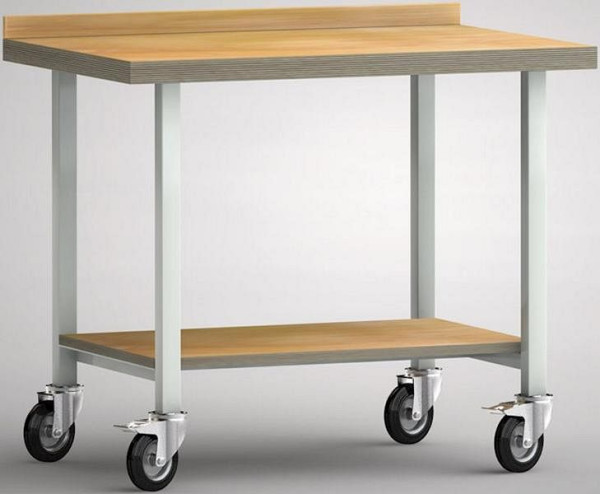 KLW zijwerkbank - 1000 x 700 x 845 mm L x D x H, met beuken multiplex plank 1000 x 700 x 45 mm, verrijdbaar met achterplank, WP819N-1000M45-X0003
