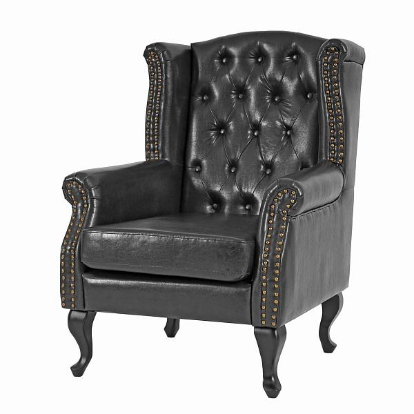 Mendler fauteuil relaxfauteuil clubfauteuil Chesterfield, kunstleer, zwart zonder hocker, 32436+32437