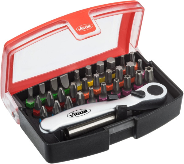 VIGOR bitbox, massieve zeskant 6,3 (1/4 inch), fraudebestendig TORX® profiel, aantal gereedschappen: 32, in kunststof box, V5502