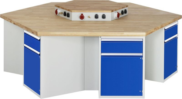 RAU groepswerkbank serie 4000, met energieopzetstuk, 6 onderbouwcontainers (1x lade, 1x draaideur), 2700x890x2340 mm, 03-467-135B4M-EA1.11
