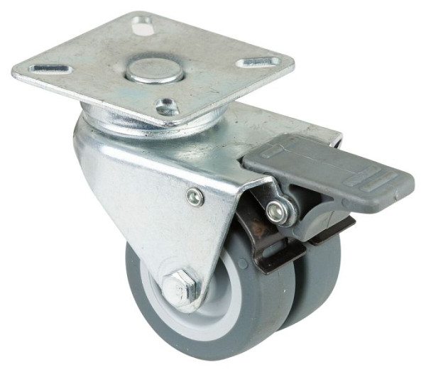 BS rollenapparaat dubbele rol met rem, breedte 2x18 mm, Ø50 mm, tot 60 kg, grijs rubberen loopvlak, glijlager, VE 4 stuks, B120.A80.050