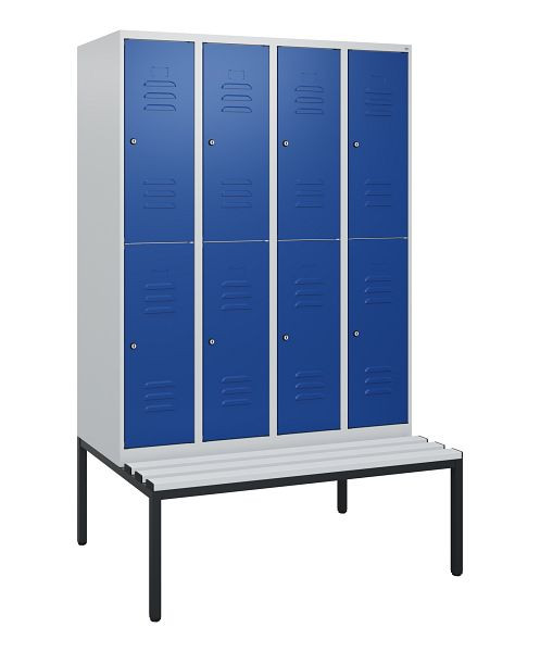 C+P dubbeldekskast Classic PLUS, 4 vakken, 1950x1200x815mm, 7035/5010, cilindersloten, met bank eronder, 0803505-40 S10078