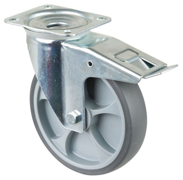 BS rollen transportrol met rem, breedte 45 mm, Ø200 mm, tot 220 kg, thermoplast grijze banden, kunststof, kogellagers, plaat, L420.A85.202