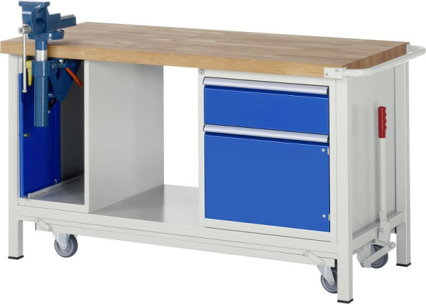 RAU werkbank met neerlaatbaar onderstel serie 8000, 2 onderbouwcontainers (bankschroef - 1x lade, 1x draaideur), 1500x880x700 mm, 05-8181A6-157B4F.11