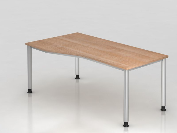 Hammerbacher bureau 4 voet rond 180x100/80cm walnoot/zilver, freeform, links of rechts te monteren, VHS18/N/S
