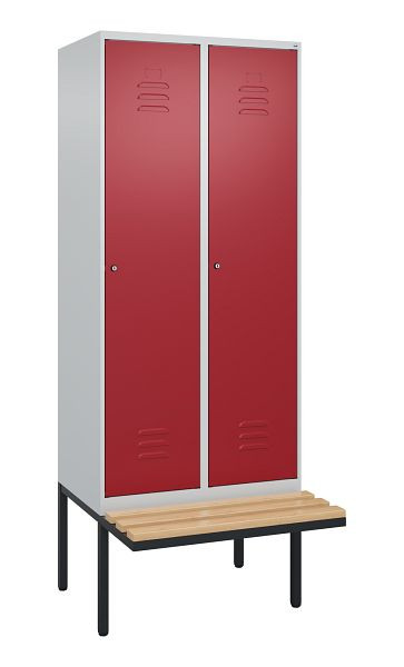 C+P Umkleidespind Classic PLUS, 2 Abteile, 2120x800x815mm, 7035/3003, Zylinderschlösser, Buche-Sitzleisten, je 2 Doppel-Haken, 0800407-22F S10046