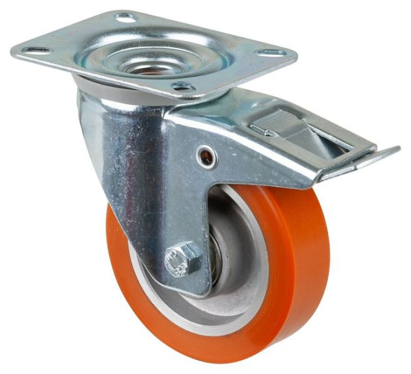 BS rollen transportrol met rem, breedte 30 mm, Ø100 mm, tot 125 kg, gegoten polyurethaan loopvlak, aluminium behuizing, kogellagers, L420.B90.100