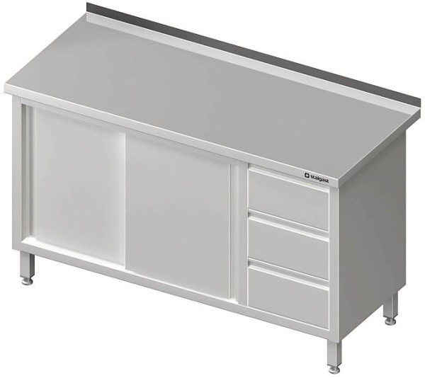Stalgast werkkast, hoogte 850 mm, met schuifdeuren, met 3 ladenblok, met opstaande rand, gelast