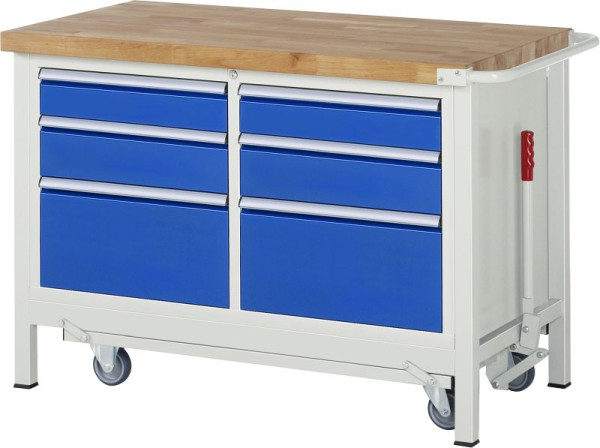 RAU werkbank met neerlaatbaar onderstel serie 8000, dubbele bodembak (6x lade), 1250x880x700 mm, 05-8475A2-127B4F.11