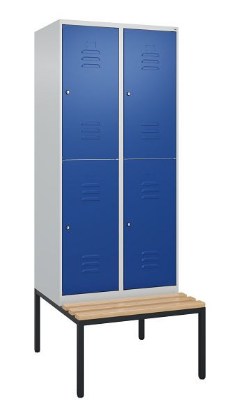C+P dubbeldekskast Classic PLUS, 2 vakken, 2120x800x815mm, 7035/5010, cilindersloten, beukenhouten zitlat, bank, 0803507-22 S10093