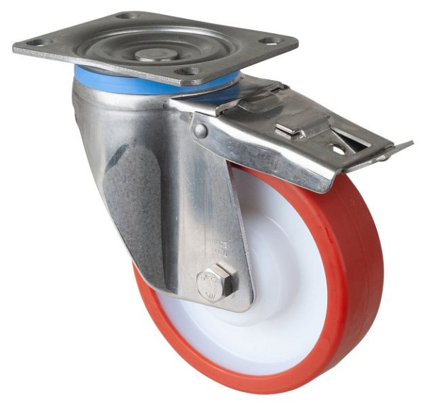 BS rollen RVS zwaarlastwiel zwenkwiel, RVS, met rem, glijlager polyurethaan wiel rood, schroefplaat 150 mm, HS120.B27.151
