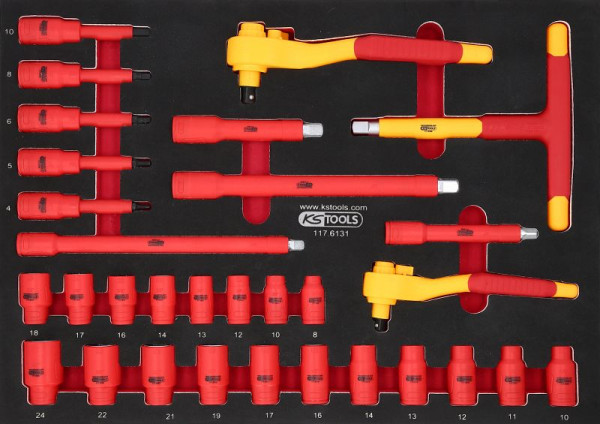 KS Tools 3/8"+1/2" geïsoleerde dopsleutelset in schuimrubberen inzetstuk, 31-delig, 117.6131