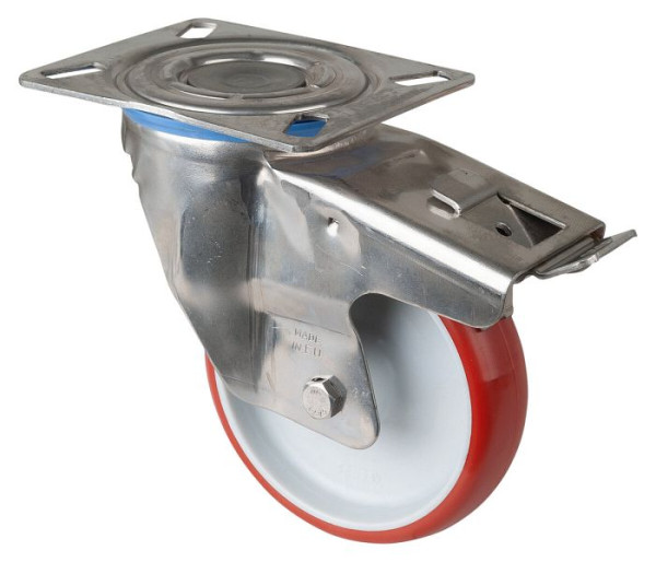 BS rollen RVS transportrol met rem, B32 mm, Ø125 mm, tot 180 kg, rood polyurethaan, kunststof behuizing, glijlager, plaat, H120.B26.126