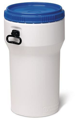 DENIOS Weithalsfass aus PE, 50 Liter, mit Deckel, weiß/blau, nestbar, UN-Zulassung, 217400