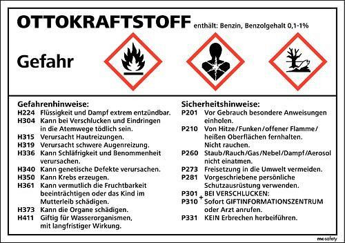 DENIOS GHS bord, overzicht "GHS benzine", folie, zelfklevend, 105 x 74 mm, verpakking van 10, 210092