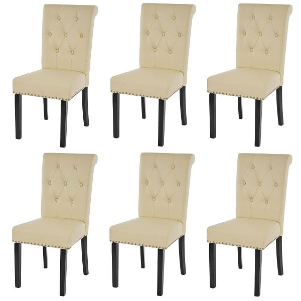 Mendler set van 6 eetkamerstoelen Chesterfield II, stoel keukenstoel, klinknagels, kunstleer, creme, donkere poten, 38299+38299+38299
