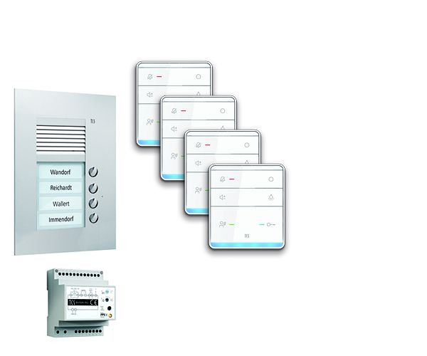 TCS deurbedieningssysteem audio: pack UP voor 4 wooneenheden, met buitenstation PUK 4 belknoppen, 4x handsfree luidspreker ISW5010, bedieningseenheid BVS20, PPUF04-EN / 01