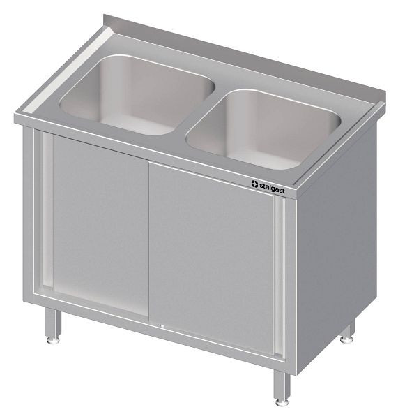 Stalgast Spülschrank mit Schiebetüren, 1500x600x850 mm, mit zwei Becken rechts, mit Aufkantung, verschweißt, VSK15603RA