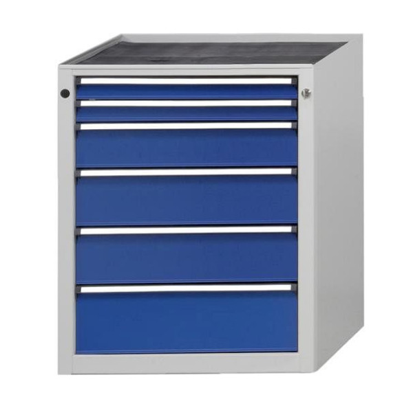 ANKE zijkast; 665 x 650 mm; RAL 7035/5010; Beuk massieve plaat; 6 laden 60, 60, 120, 150, 150, 180 mm