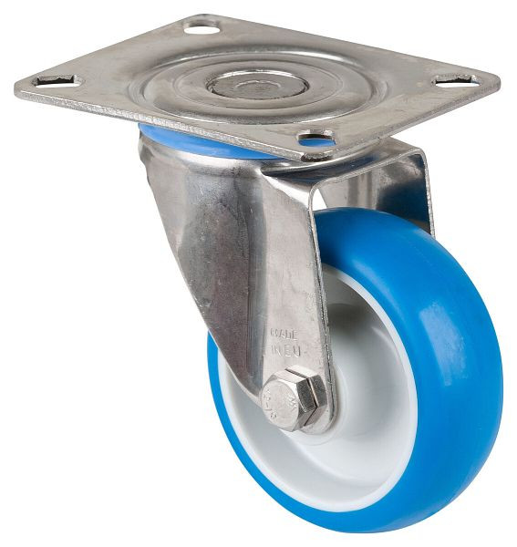 BS rollen RVS transportrol, breedte 28 mm, Ø80 mm, tot 70 kg, loopvlak polyurethaan blauw, wiellichaam kunststof, glijlager, plaat, H100.B32.080