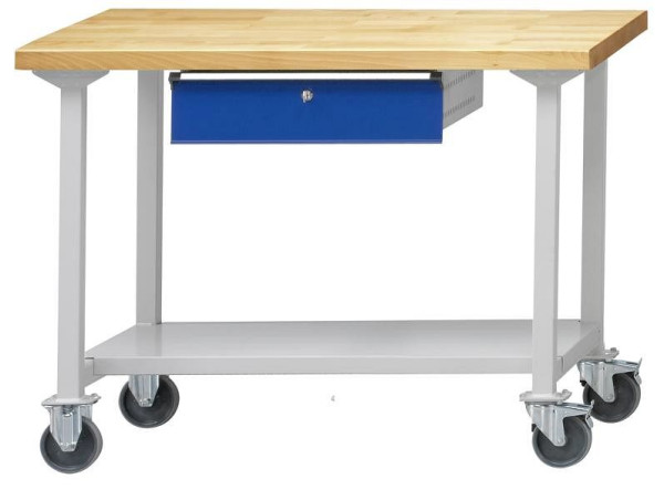 ANKE werktafel; mobiel; 1270x700 mm; RAL 7035/5010; 1xHängeschublade; 1x opbergvak van 500 mm diep plaatstaal
