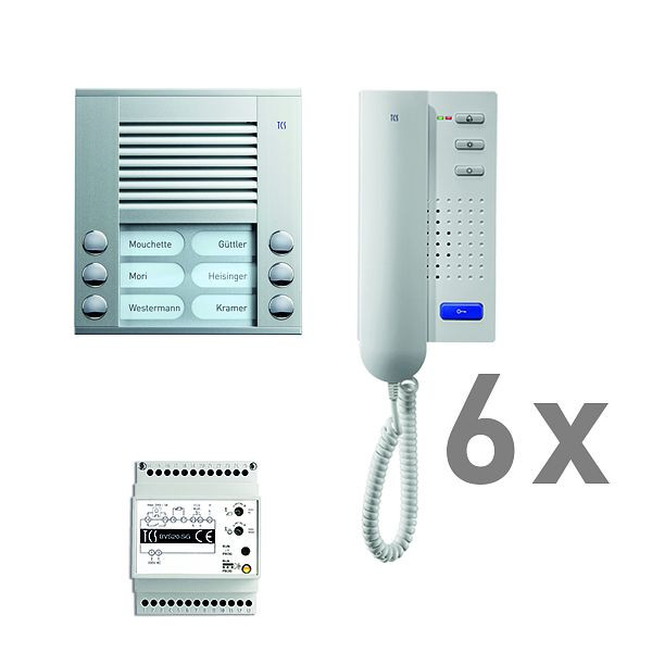 TCS deurbediening audio: pack AP voor 6 wooneenheden, met buitenpost PES 6 belknoppen, 6x deurtelefoon ISH3030, bedieningseenheid BVS20, PAAH062 / 001