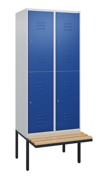 C+P dubbeldekskast Classic PLUS, 2 vakken, 2120x800x815mm, 7035/5010, cilindersloten, beukenhouten zitlatten, zitting, 0803407-22 S10093