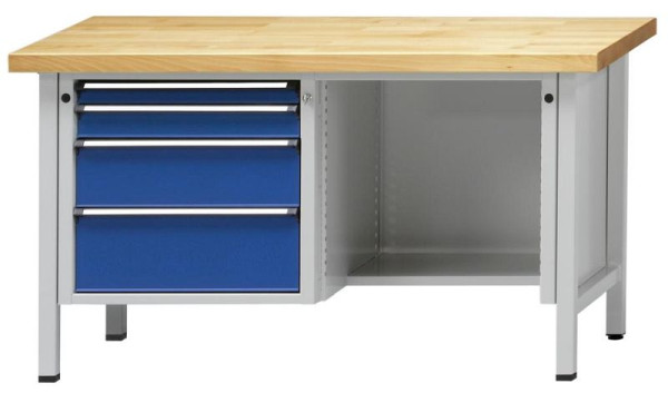 ANKE kastwerkbank; 1500x700 mm; RAL 7035/5010; Massief beuken blad 40 mm; Links 4 laden 60, 90, 180, 210 mm; Rechts achteraan