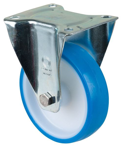 BS rollen transportrol, vaste rol, breedte 35 mm, Ø150 mm, tot 200 kg, polyurethaan blauw, wiellichaam kunststof, rollager, plaat, L410.B36.150