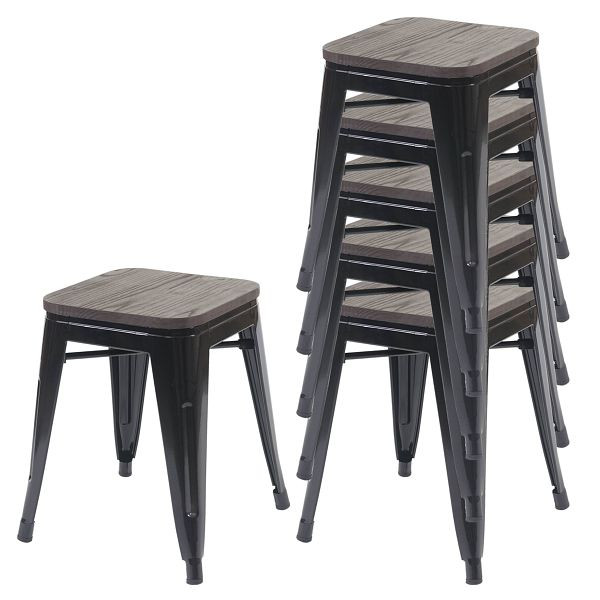 Mendler set van 6 krukken HWC-A73 incl. houten zitting, metalen kruk kruk, metaal industrieel design stapelbaar, zwart, 70397 + 70771